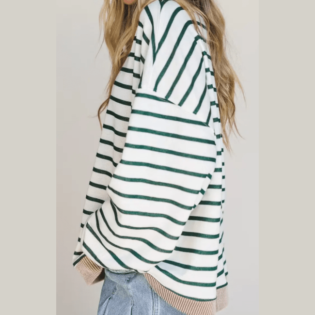 Kylee White Stripe Twisted Ribbed Patchwork Drop Shoulder Round Neck Sweatshirt