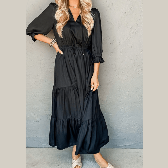 Daira Black Flounced Bracelet Sleeve V Neck Tiered Maxi Dress