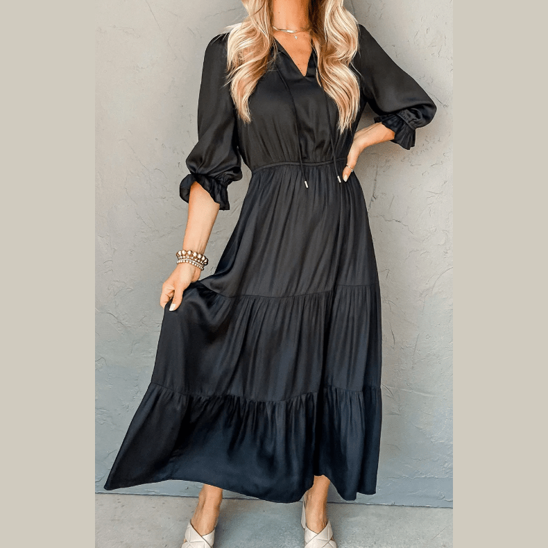 Daira Black Flounced Bracelet Sleeve V Neck Tiered Maxi Dress