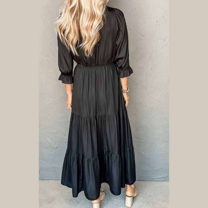Daira Black Flounced Bracelet Sleeve V Neck Tiered Maxi Dress