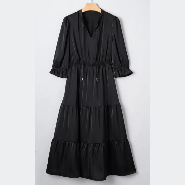Daira Black Flounced Bracelet Sleeve V Neck Tiered Maxi Dress