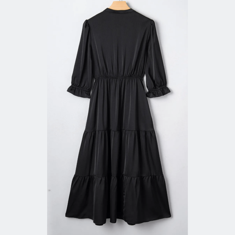 Daira Black Flounced Bracelet Sleeve V Neck Tiered Maxi Dress