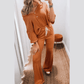 Maudette Orange Contrast Stitching Buttoned V Neck Half Sleeve Top and Drawstring Flare Pants Set