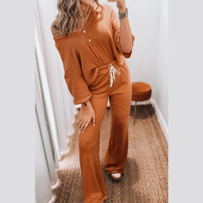 Maudette Orange Contrast Stitching Buttoned V Neck Half Sleeve Top and Drawstring Flare Pants Set
