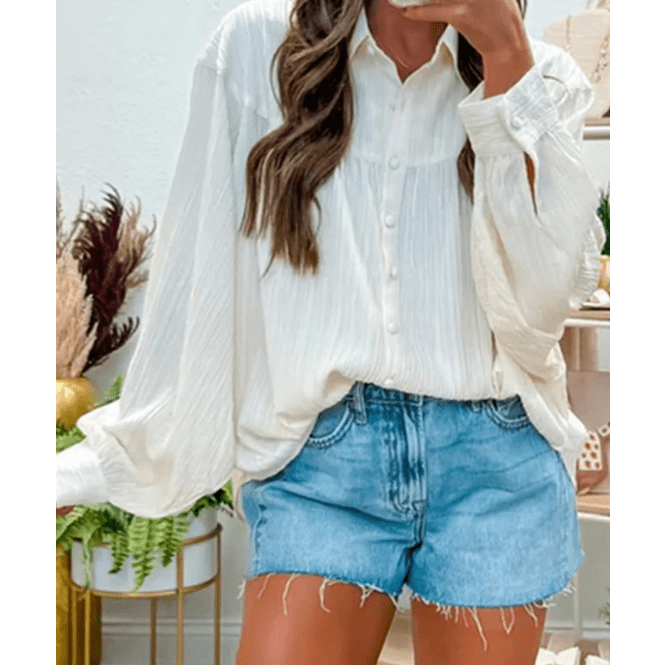 Orlee White Crinkled Texture Lantern Sleeve Button Down Loose Shirt