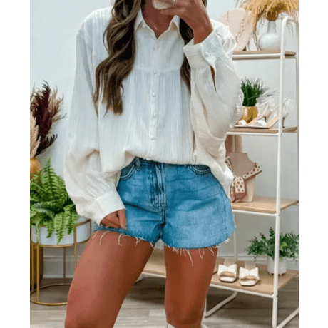 Orlee White Crinkled Texture Lantern Sleeve Button Down Loose Shirt