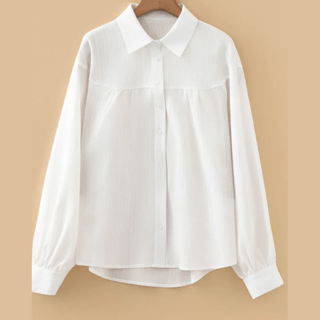 Orlee White Crinkled Texture Lantern Sleeve Button Down Loose Shirt