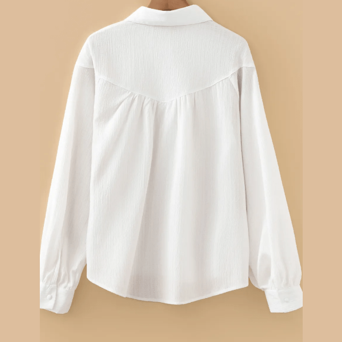 Orlee White Crinkled Texture Lantern Sleeve Button Down Loose Shirt