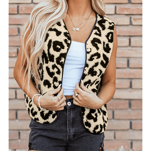 Antonia Black Leopard Print Sherpa Vest Coat