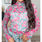 Marnie Pink Slim Fit Floral Mesh Long Sleeve Mock Neck Top