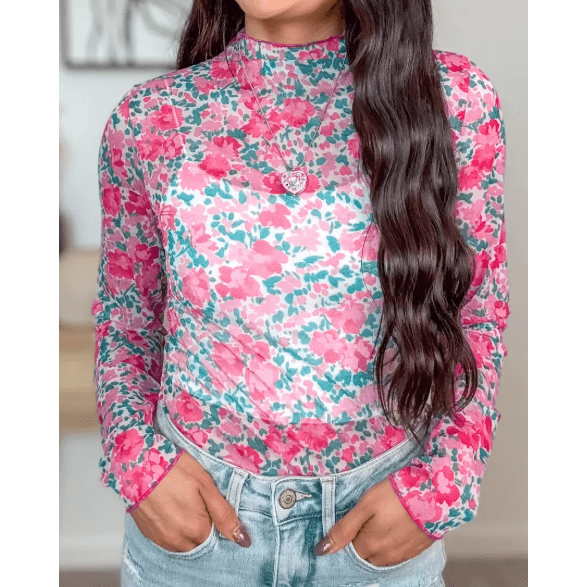 Marnie Pink Slim Fit Floral Mesh Long Sleeve Mock Neck Top