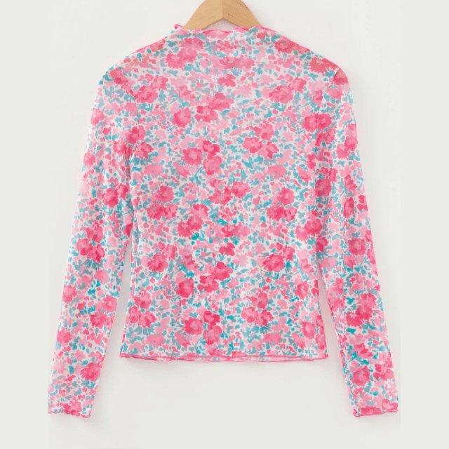 Marnie Pink Slim Fit Floral Mesh Long Sleeve Mock Neck Top