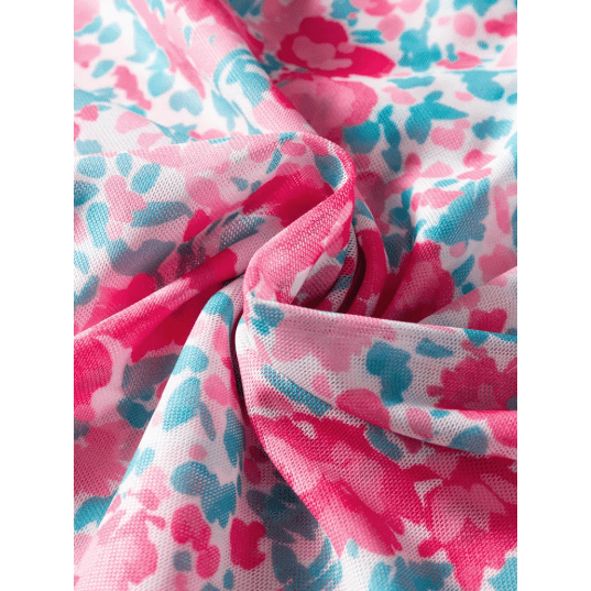 Marnie Pink Slim Fit Floral Mesh Long Sleeve Mock Neck Top