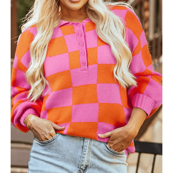 Katana Checkered Knit Polo Collar Baggy Sweater