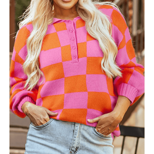 Katana Checkered Knit Polo Collar Baggy Sweater