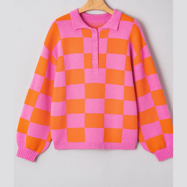 Katana Checkered Knit Polo Collar Baggy Sweater