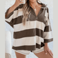 Lacey Brown Striped Color Block Zip Collar 3/4 Sleeve Oversize Sweatshirt
