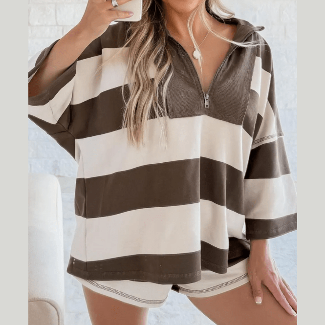 Lacey Brown Striped Color Block Zip Collar 3/4 Sleeve Oversize Sweatshirt