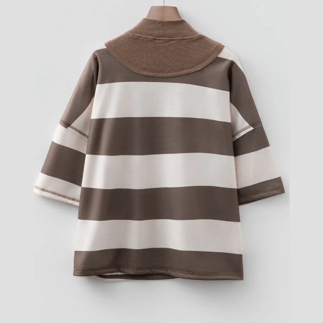 Lacey Brown Striped Color Block Zip Collar 3/4 Sleeve Oversize Sweatshirt