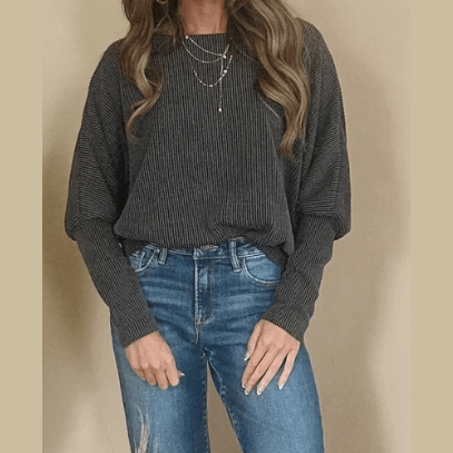 Sophila Carbon Grey Twisted Ribbed Dolman Long Sleeve Top