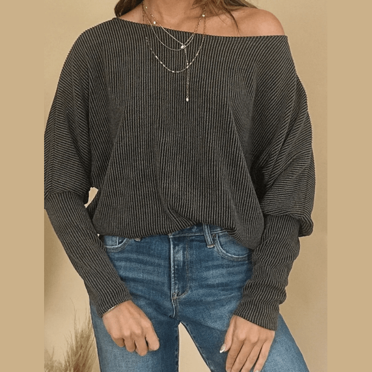 Sophila Carbon Grey Twisted Ribbed Dolman Long Sleeve Top