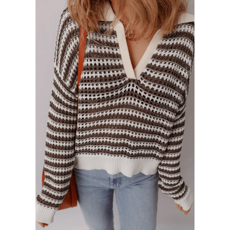 Amelie Brown Stripe Eyelet Hollow-out Contrast Collared Pullover Chic Sweater