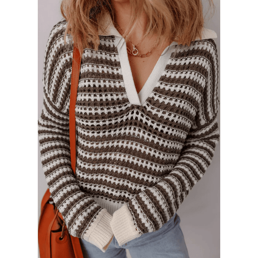 Amelie Brown Stripe Eyelet Hollow-out Contrast Collared Pullover Chic Sweater