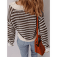 Amelie Brown Stripe Eyelet Hollow-out Contrast Collared Pullover Chic Sweater