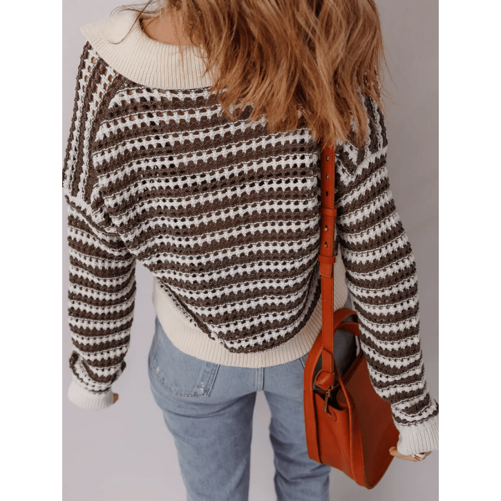 Amelie Brown Stripe Eyelet Hollow-out Contrast Collared Pullover Chic Sweater