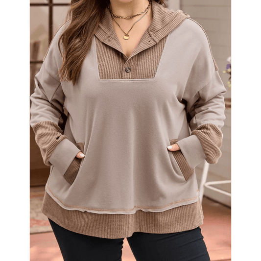 Dayla Waffle Contrast Patchwork Plus Size Pocketed Hoodie