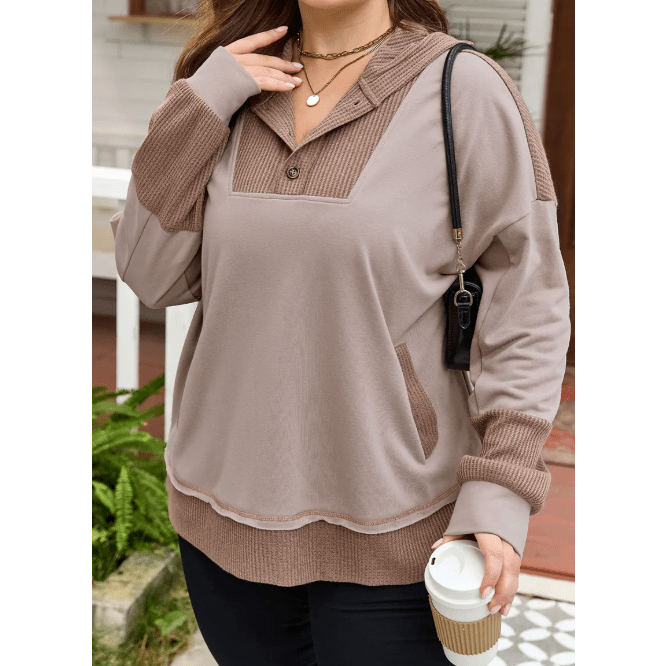 Dayla Waffle Contrast Patchwork Plus Size Pocketed Hoodie