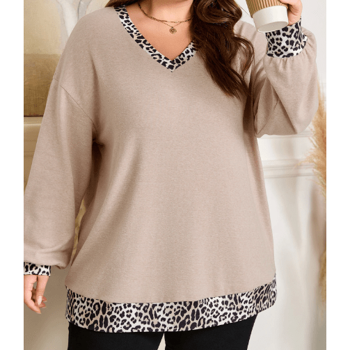 Fabienne Parchment Leopard Patchwork V Neck Long Sleeve Plus Size Top