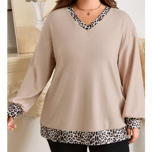 Fabienne Parchment Leopard Patchwork V Neck Long Sleeve Plus Size Top