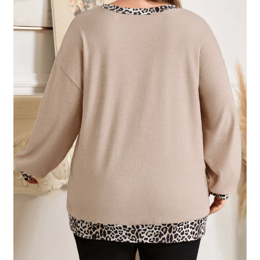Fabienne Parchment Leopard Patchwork V Neck Long Sleeve Plus Size Top