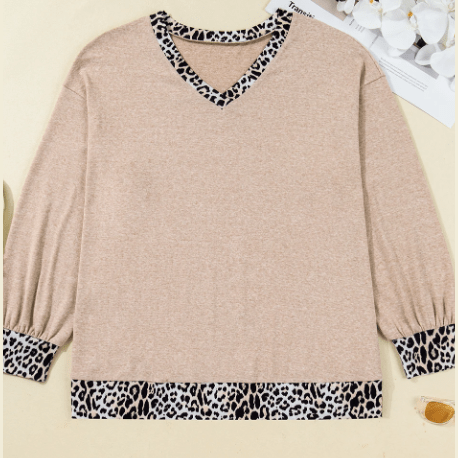 Fabienne Parchment Leopard Patchwork V Neck Long Sleeve Plus Size Top