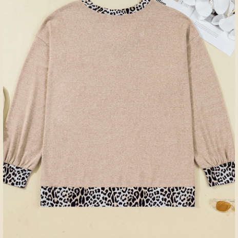 Fabienne Parchment Leopard Patchwork V Neck Long Sleeve Plus Size Top