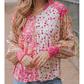 Cille Pink Mixed Floral Printed Puff Sleeve V-Neck Shirt