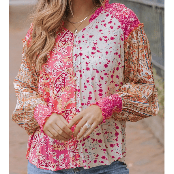 Cille Pink Mixed Floral Printed Puff Sleeve V-Neck Shirt