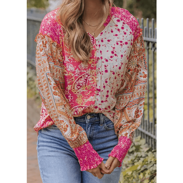 Cille Pink Mixed Floral Printed Puff Sleeve V-Neck Shirt