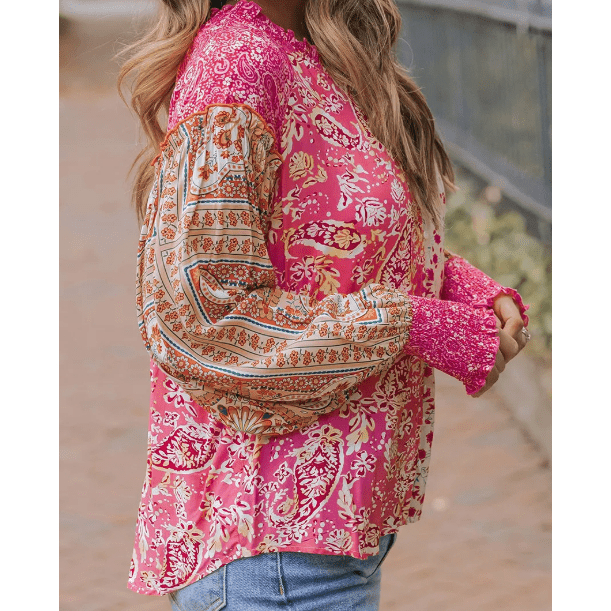Cille Pink Mixed Floral Printed Puff Sleeve V-Neck Shirt