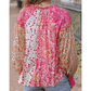 Cille Pink Mixed Floral Printed Puff Sleeve V-Neck Shirt
