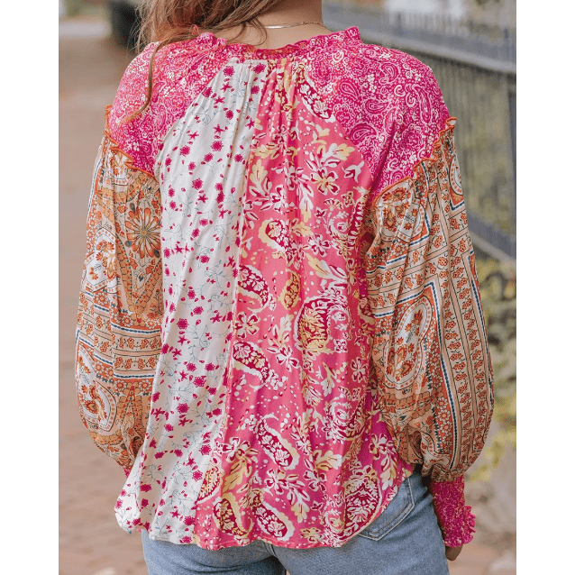 Cille Pink Mixed Floral Printed Puff Sleeve V-Neck Shirt