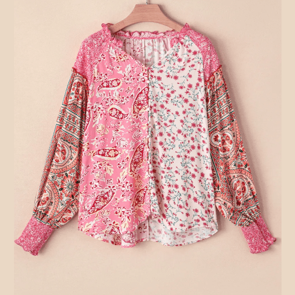 Cille Pink Mixed Floral Printed Puff Sleeve V-Neck Shirt