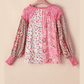 Cille Pink Mixed Floral Printed Puff Sleeve V-Neck Shirt