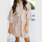 Lacie Brown Stripe Knot Waist Puff Sleeve Button Down Mini Shirt Dress