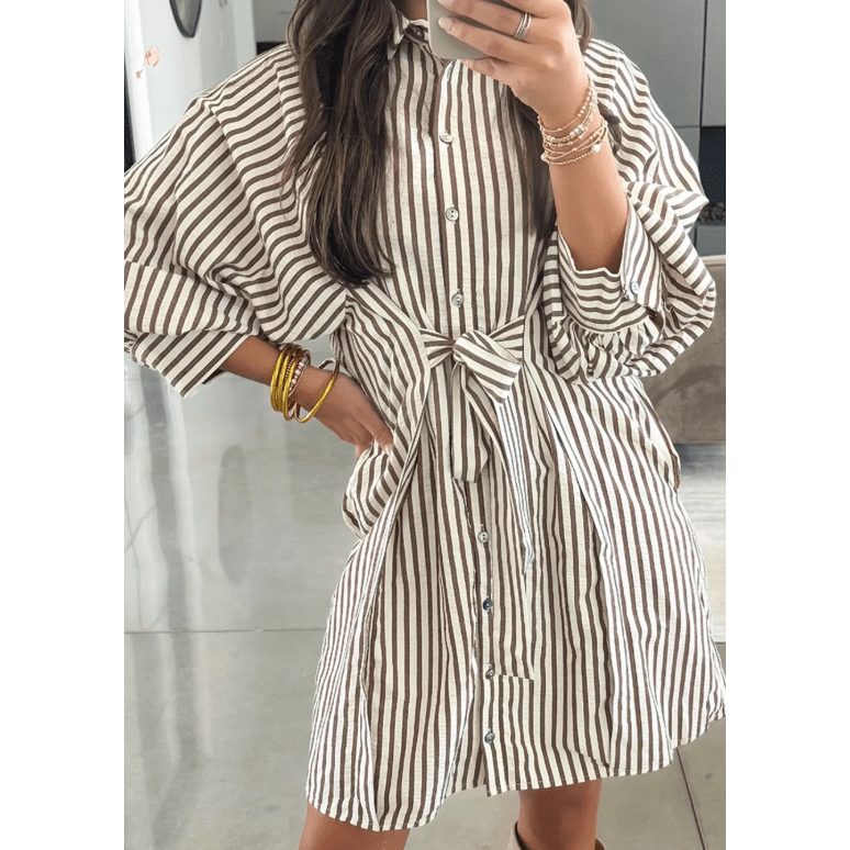 Lacie Brown Stripe Knot Waist Puff Sleeve Button Down Mini Shirt Dress