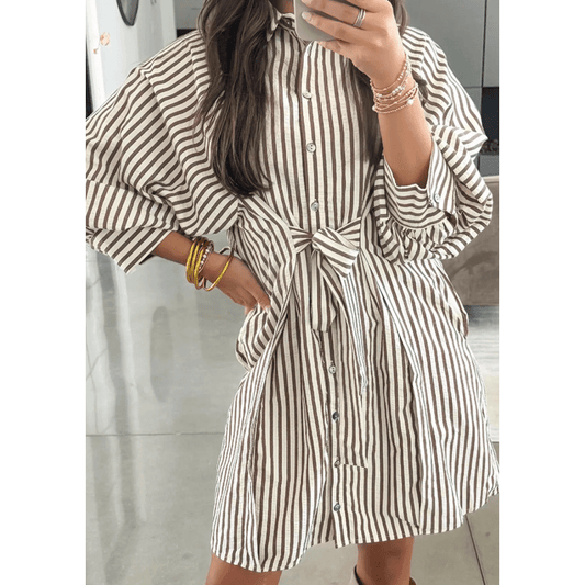Lacie Brown Stripe Knot Waist Puff Sleeve Button Down Mini Shirt Dress