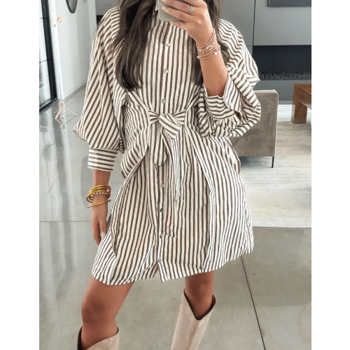 Lacie Brown Stripe Knot Waist Puff Sleeve Button Down Mini Shirt Dress