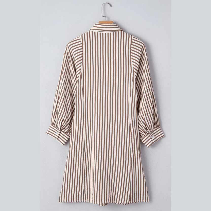 Lacie Brown Stripe Knot Waist Puff Sleeve Button Down Mini Shirt Dress