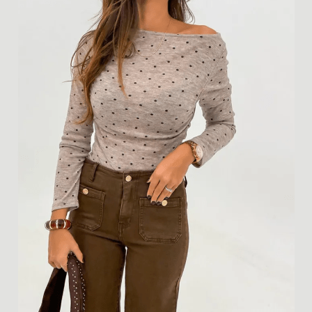 Tali Polka Dot Boat Neck Knit Long Sleeve T Shirt